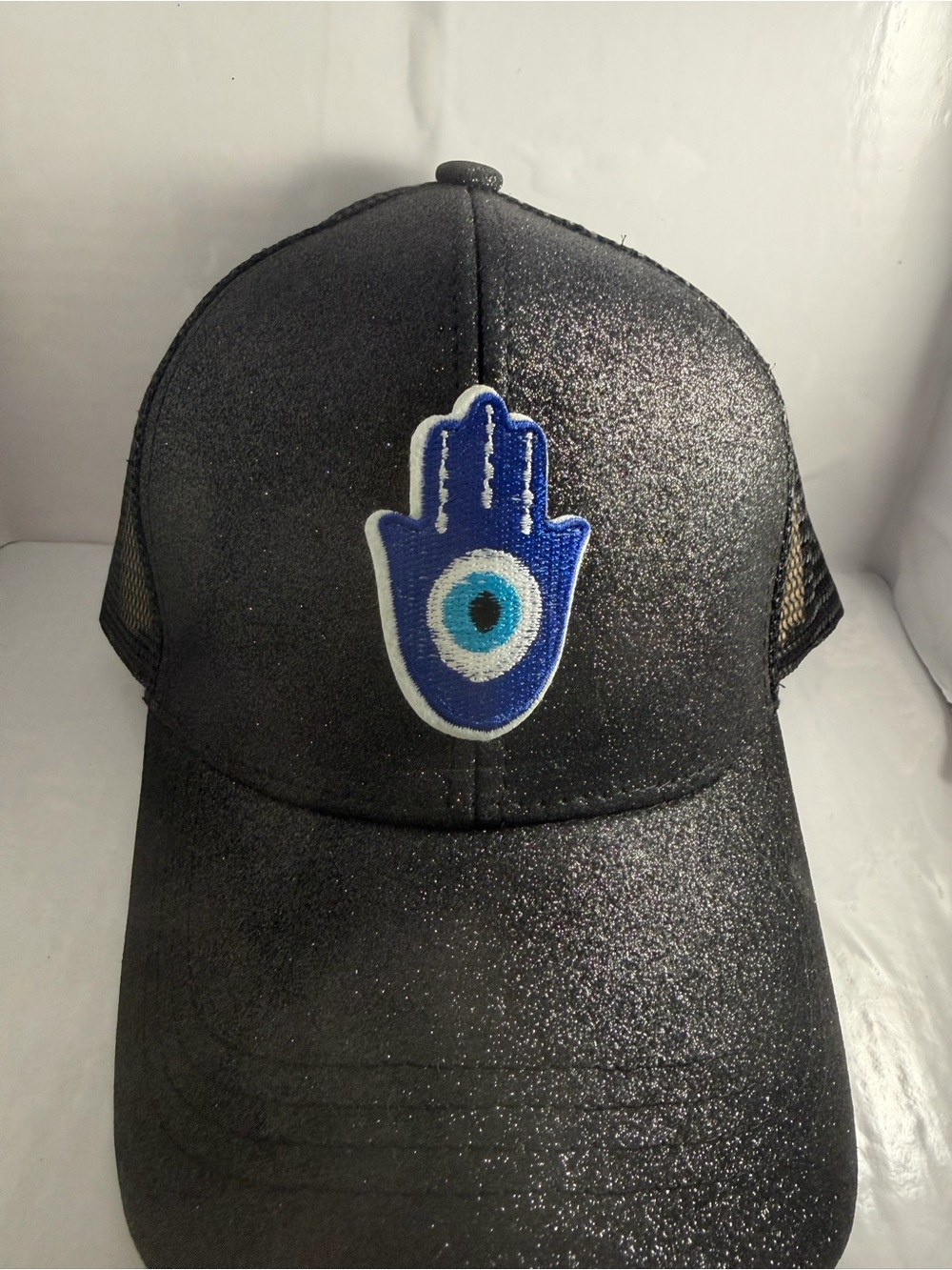 Black Glitter Trucker Hat with Blue Hamsa Evil Eye Patch